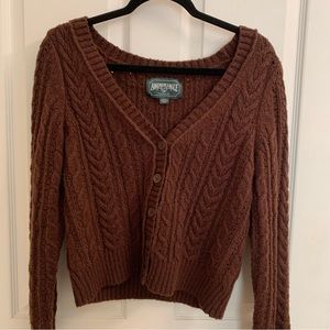 American Eagle Cropped Cable-knit Cardigan Sweater in Dark Brown